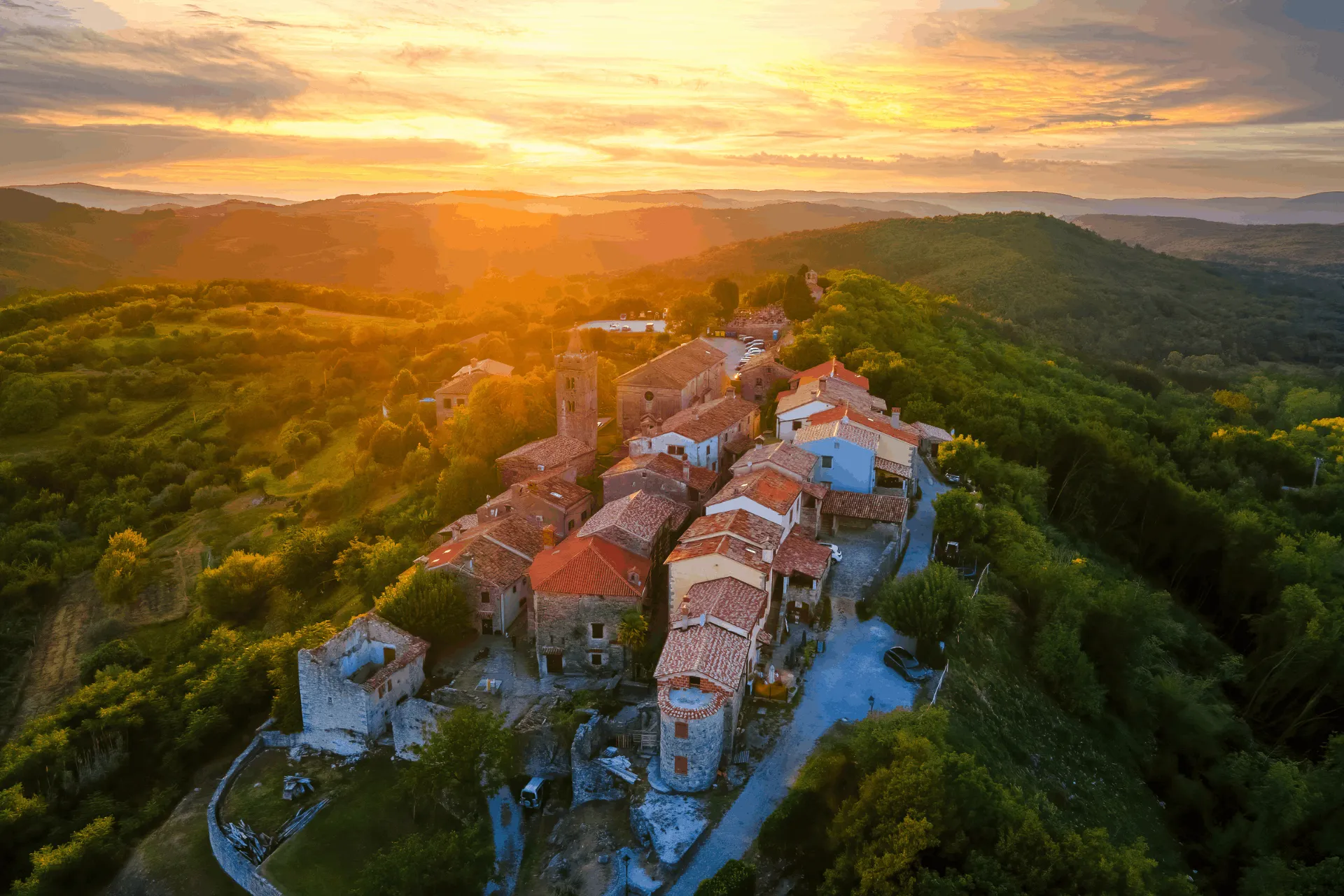 drone footage of Hum during sunset, often called the smallest city in the world