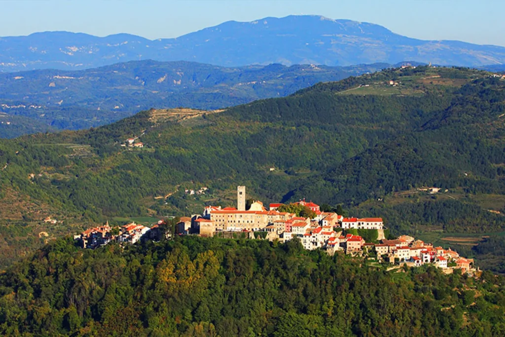 panoramic view of motovun town on top of the hill