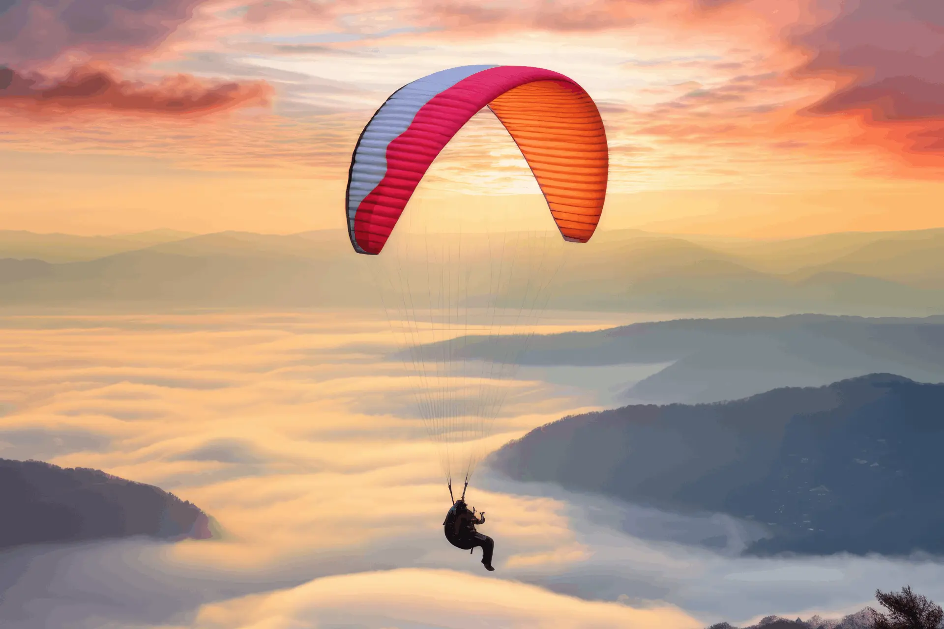 activities in istria, paragliding with a view of surrounding foggy Motovun hills and forests