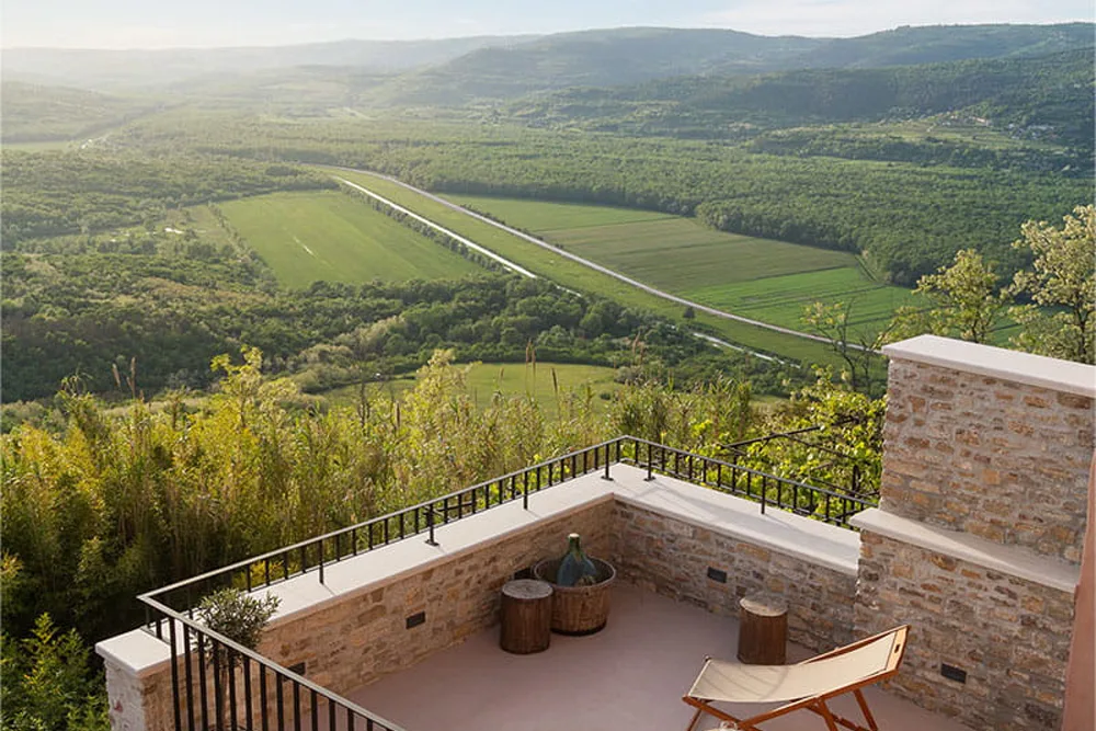view of green Mirna river valley from Villa Motovun terrace